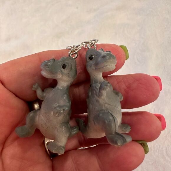 Earrings Pierced Dinosaur Silver Dangly Exaggerated Handmade Costume Jewelry - Picture 2 of 9